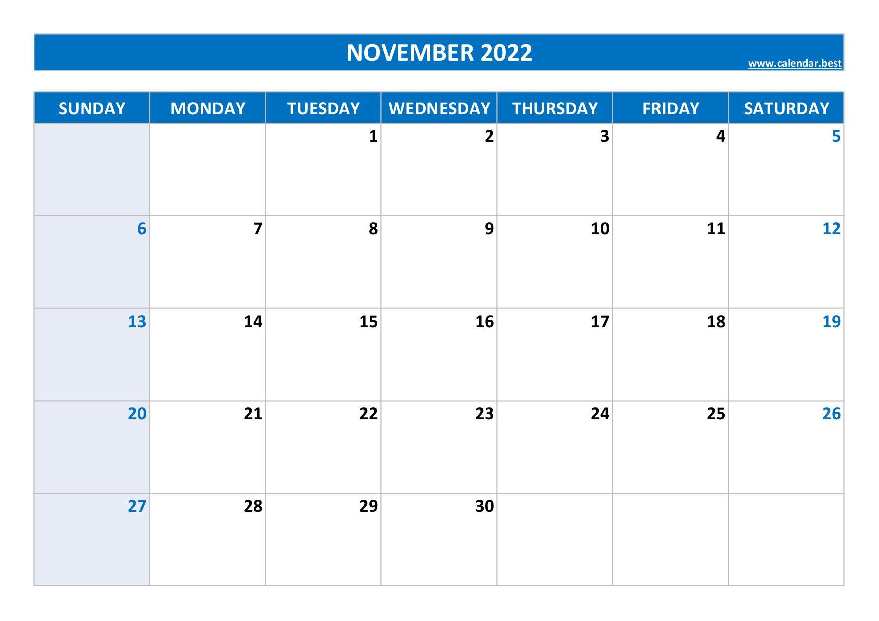 November 2022 Calendar -Calendar.best inside November Monthly Printable Calendar