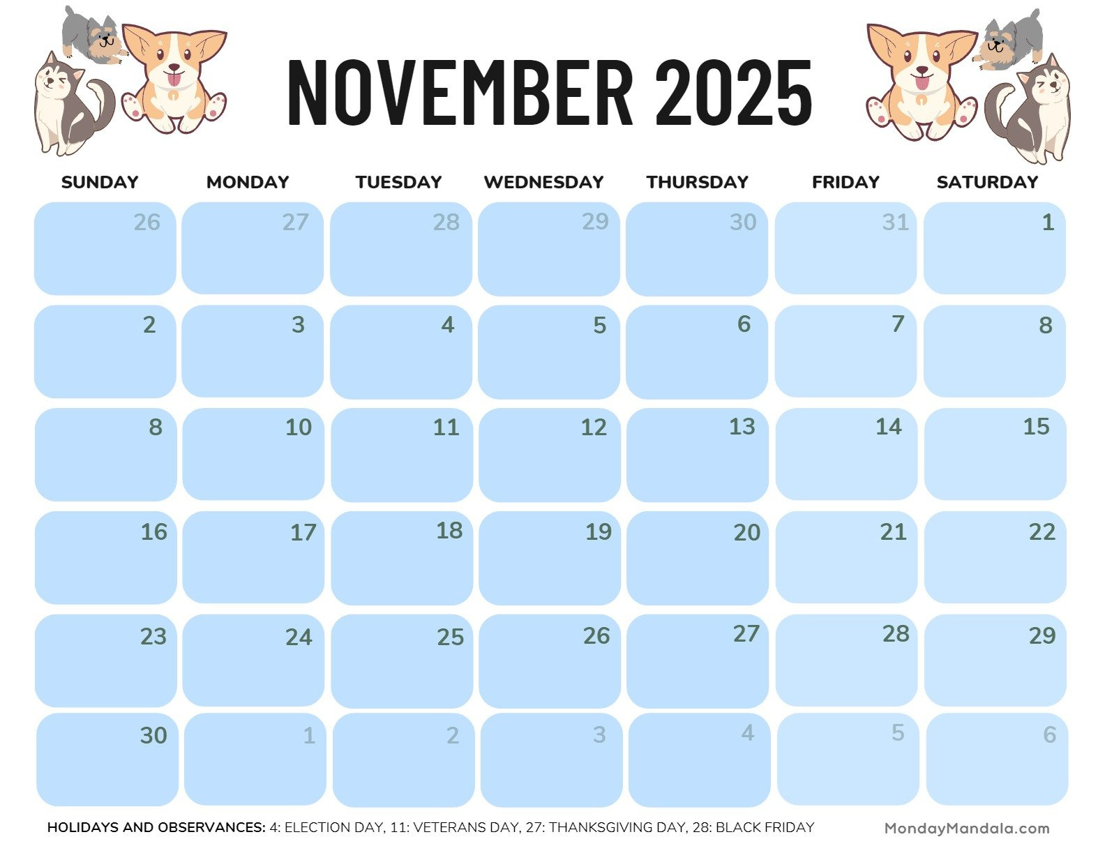 November 2025 Calendar (52 Free Pdf Printables) intended for General Blue November 2025 Calendar Printable