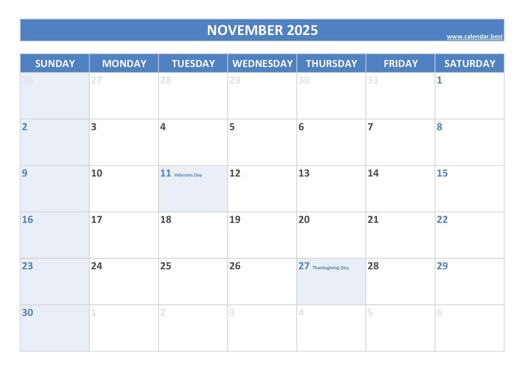 November 2025 Calendar -Calendar.best pertaining to November 2025 Calendar Holidays
