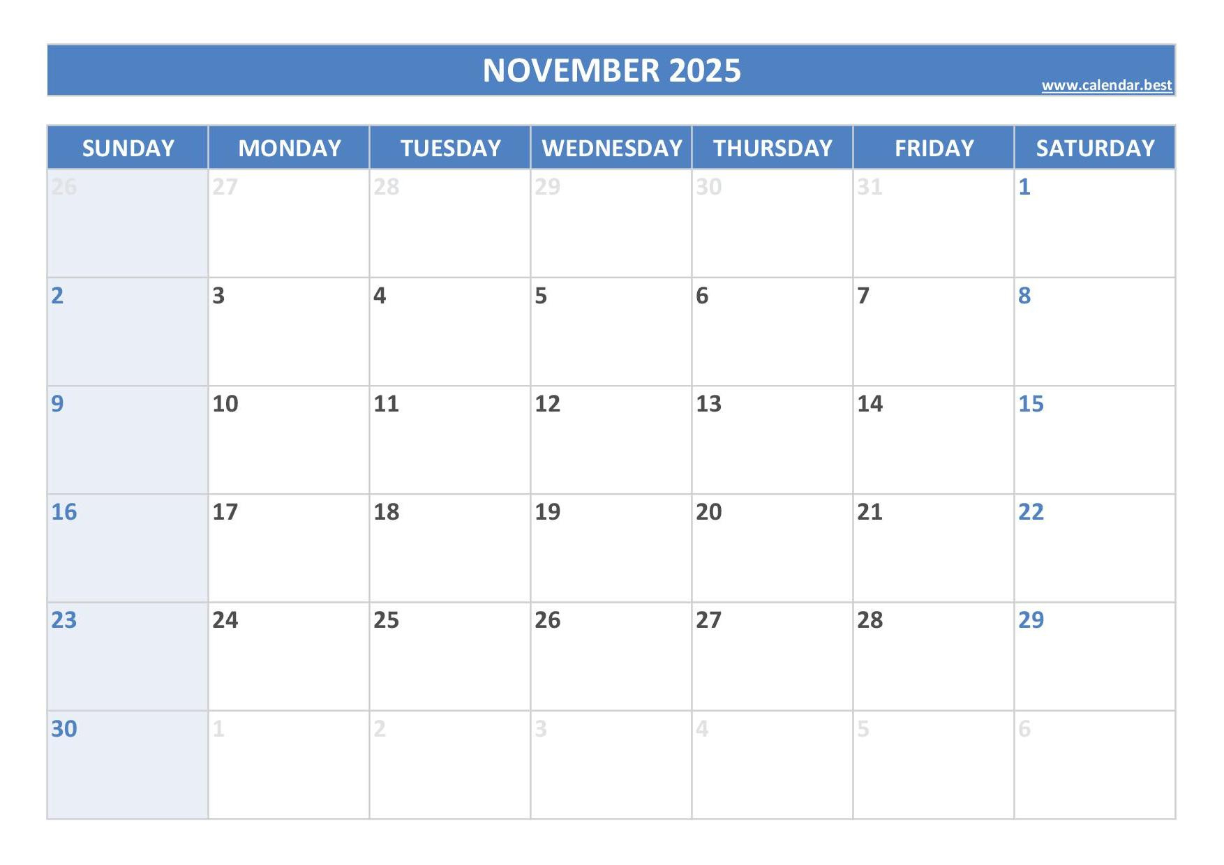 November 2025 Calendar -Calendar.best throughout November 2025 Calendar Veterans Day
