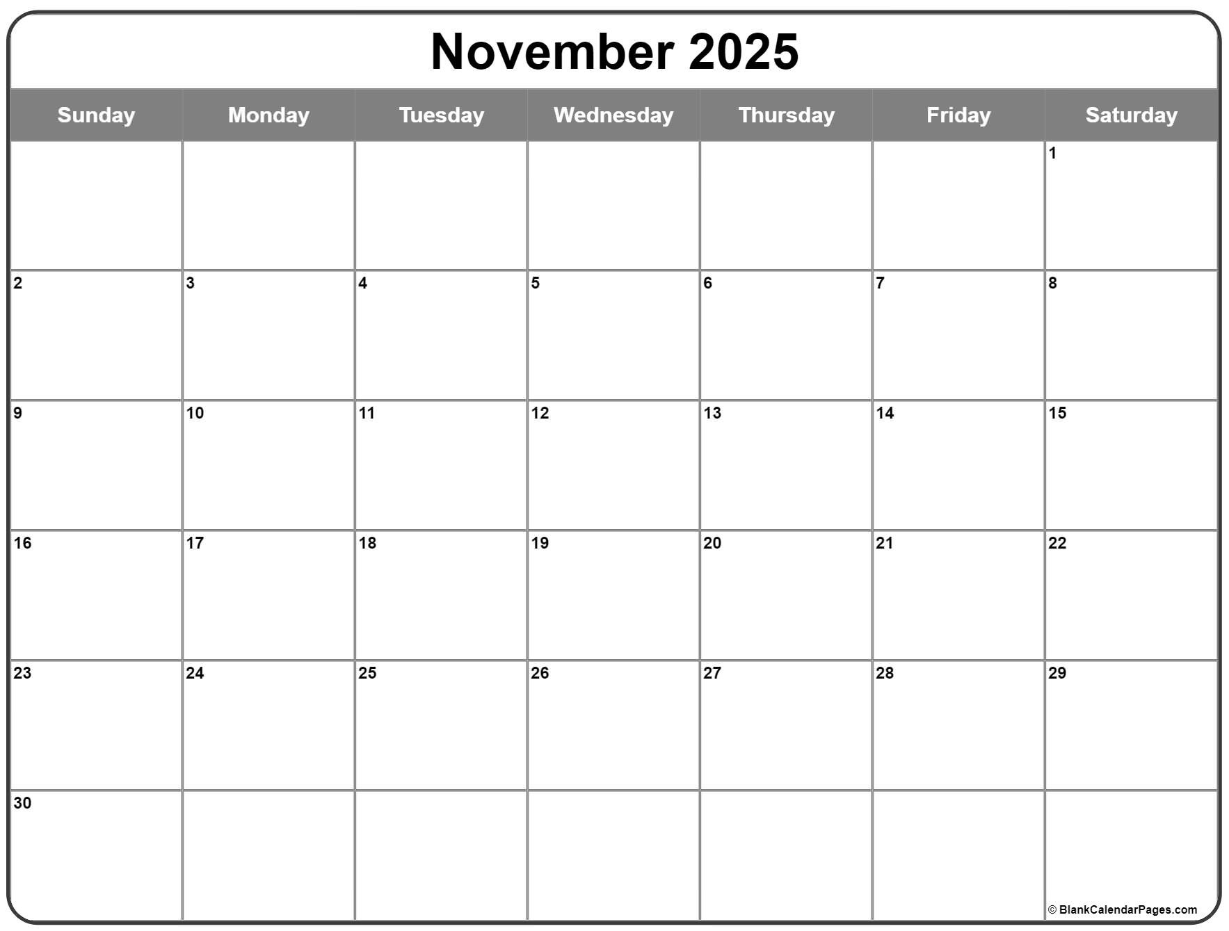 November 2025 Calendar | Free Printable Calendars intended for November 2025 Calendar Blank