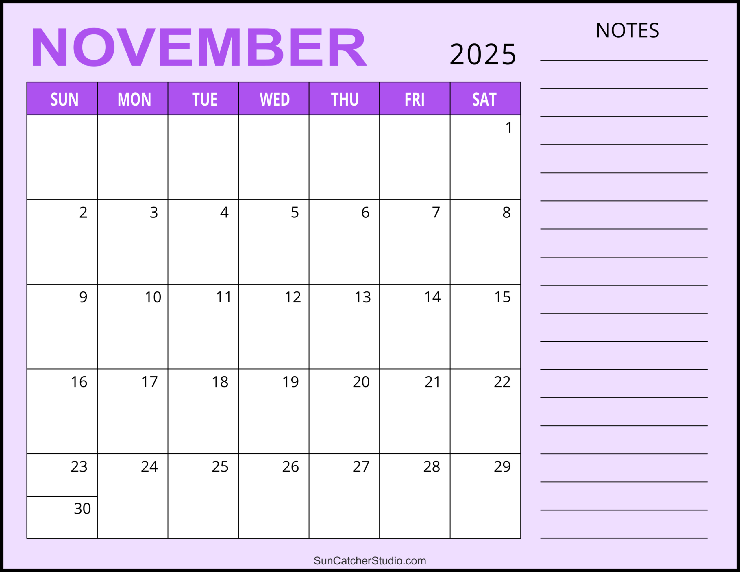 November 2025 Calendar (Free Printable) – Free Printables intended for November 2025 Calendar with Notes