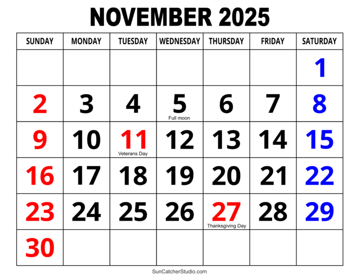 Calendar November 2025 with Holidays Calendar November 2025 with Holidays