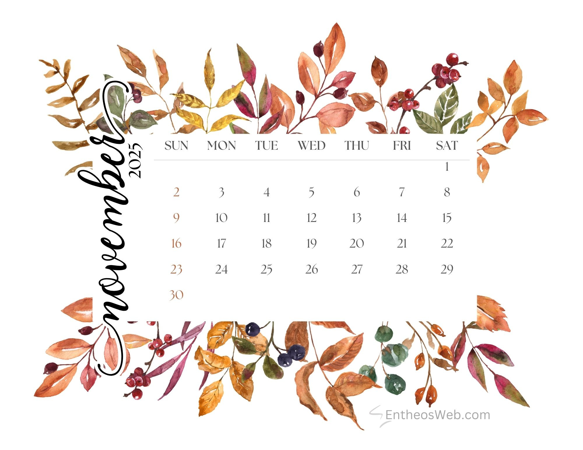 November 2025 Calendar Free Printables | Entheosweb for November 2025 Calendar Background