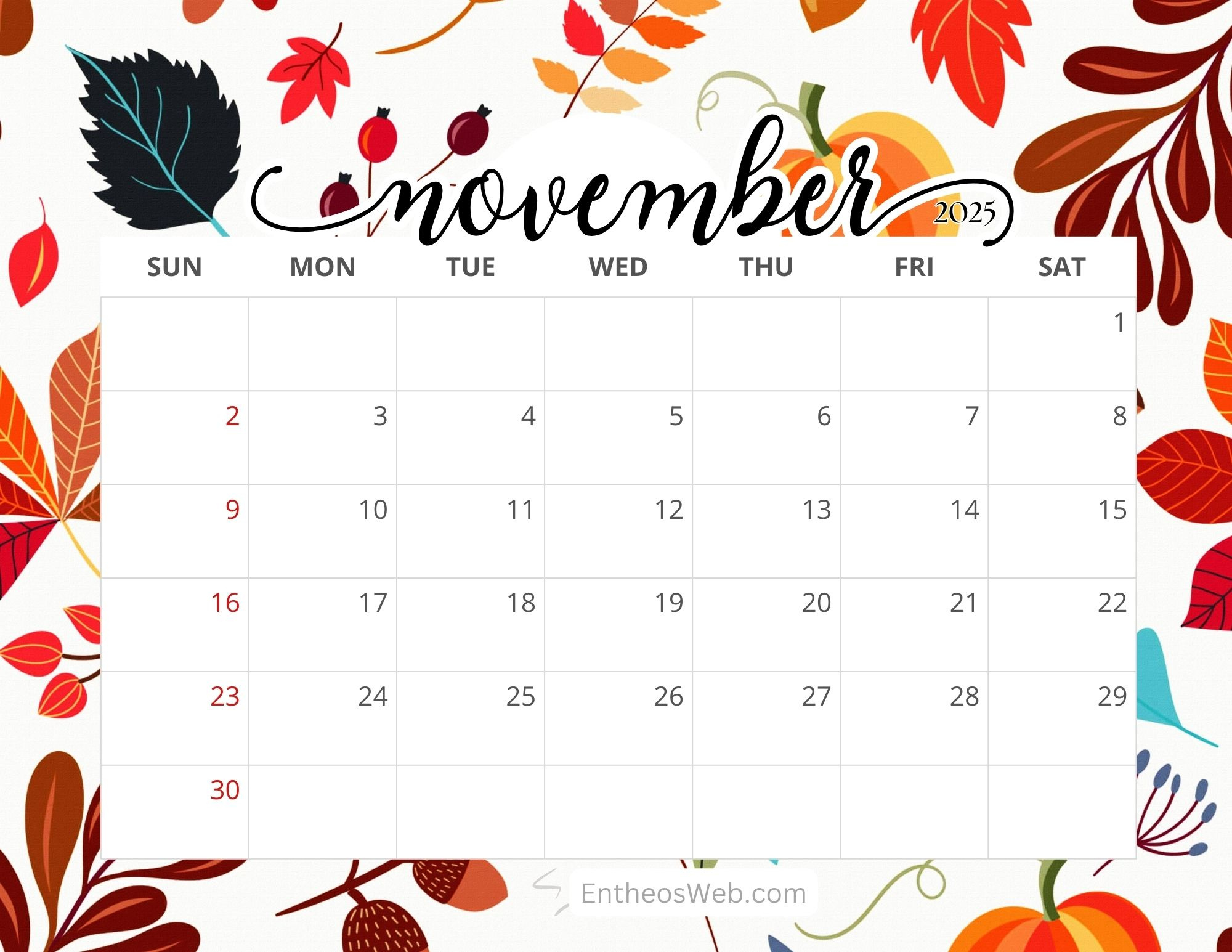 November 2025 Calendar Free Printables | Entheosweb throughout November 2025 Free Printable Calendar