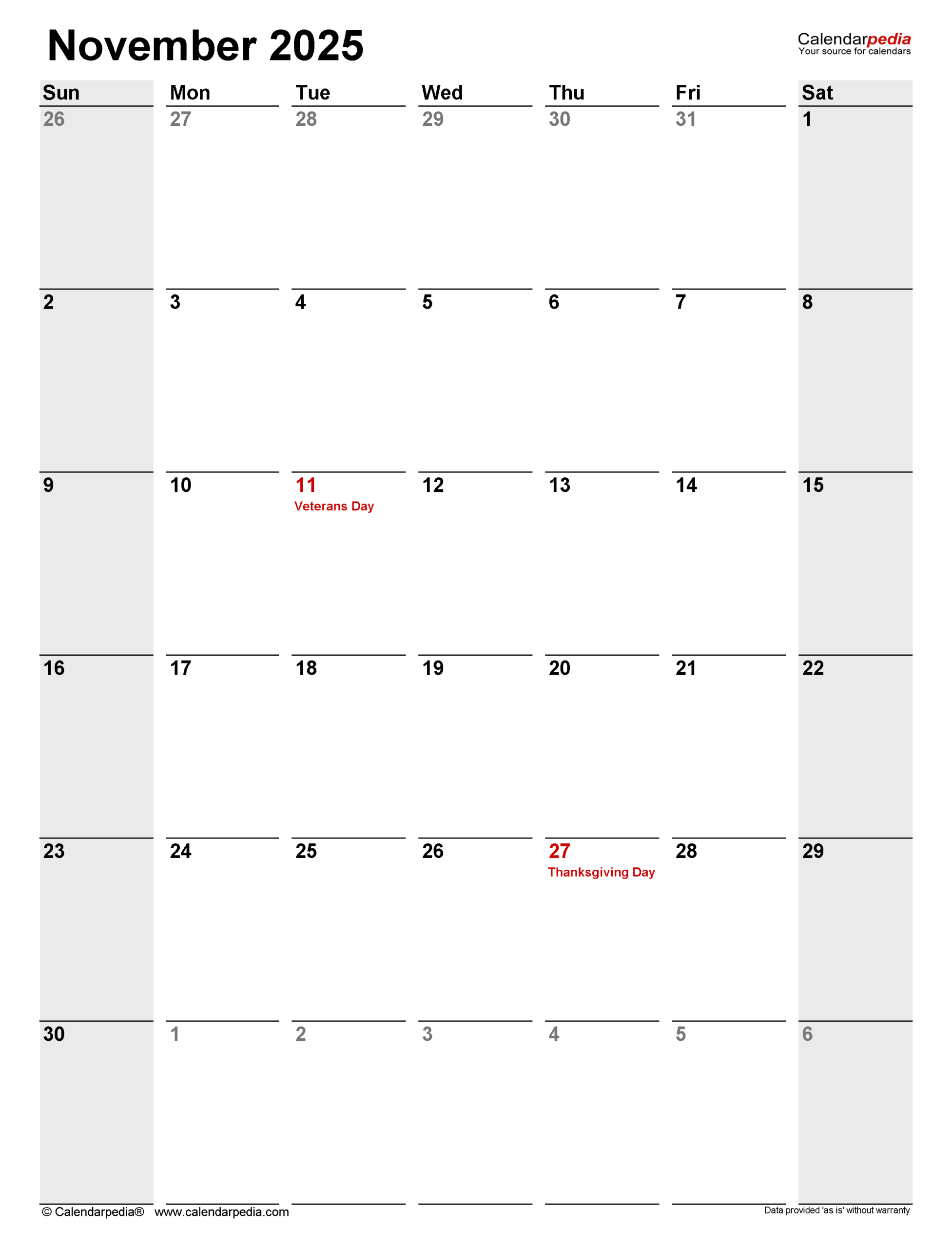 November 2025 Calendar | Templates For Pdf, Excel And Word in November 2025 Calendar Calendarpedia