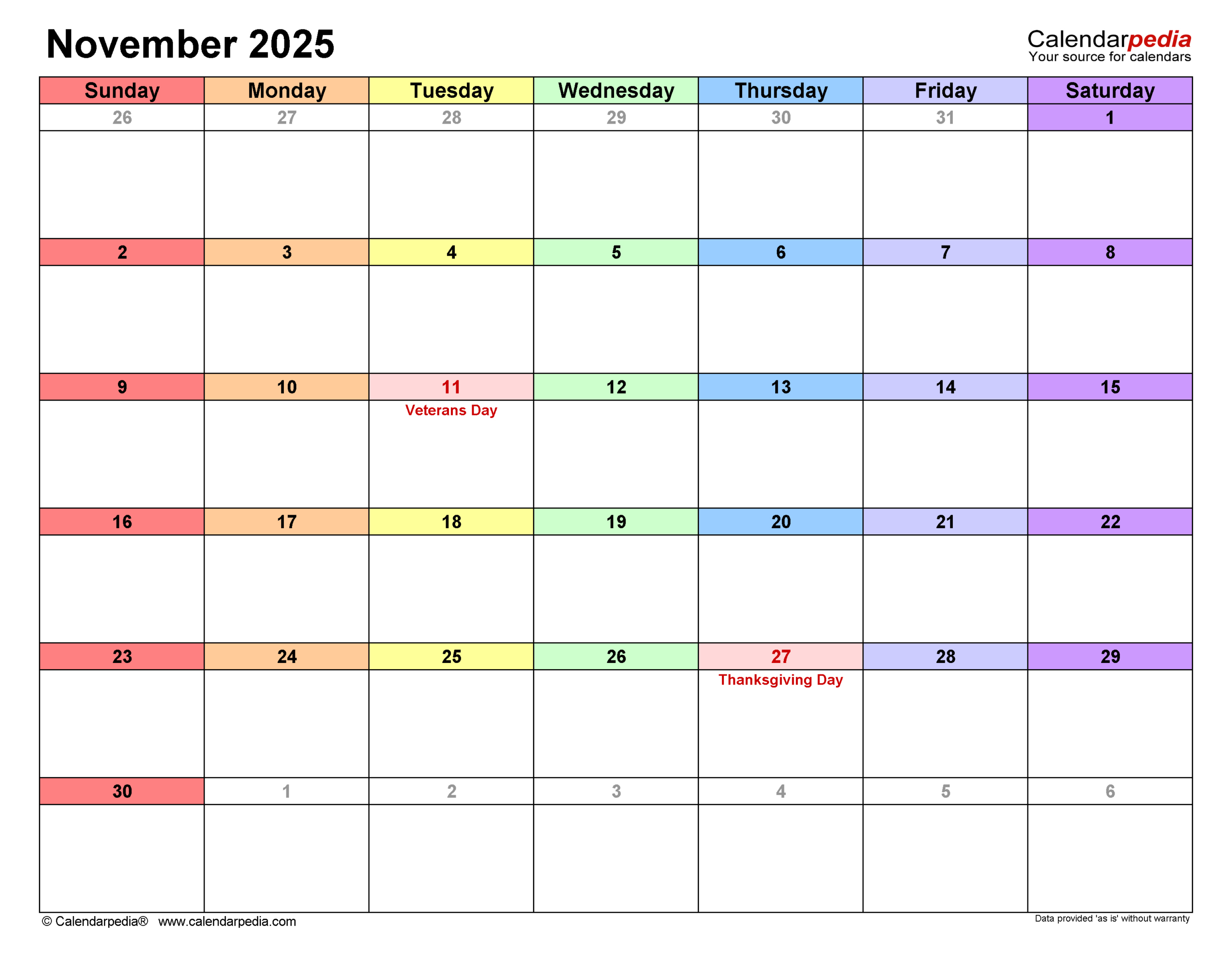 November 2025 Calendar | Templates For Pdf, Excel And Word pertaining to November 2025 Calendar Calendarpedia
