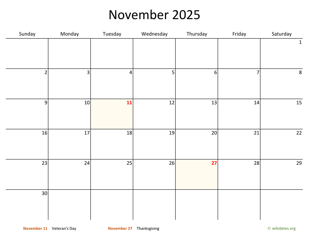 November 2025 Calendar With Bigger Boxes | Wikidates pertaining to Large Print November 2025 Calendar