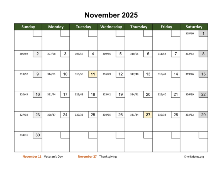 November 2025 Calendar with Days