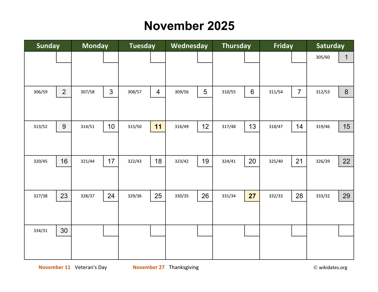 November 2025 Calendar With Day Numbers | Wikidates within November 2025 Calendar How Many Days