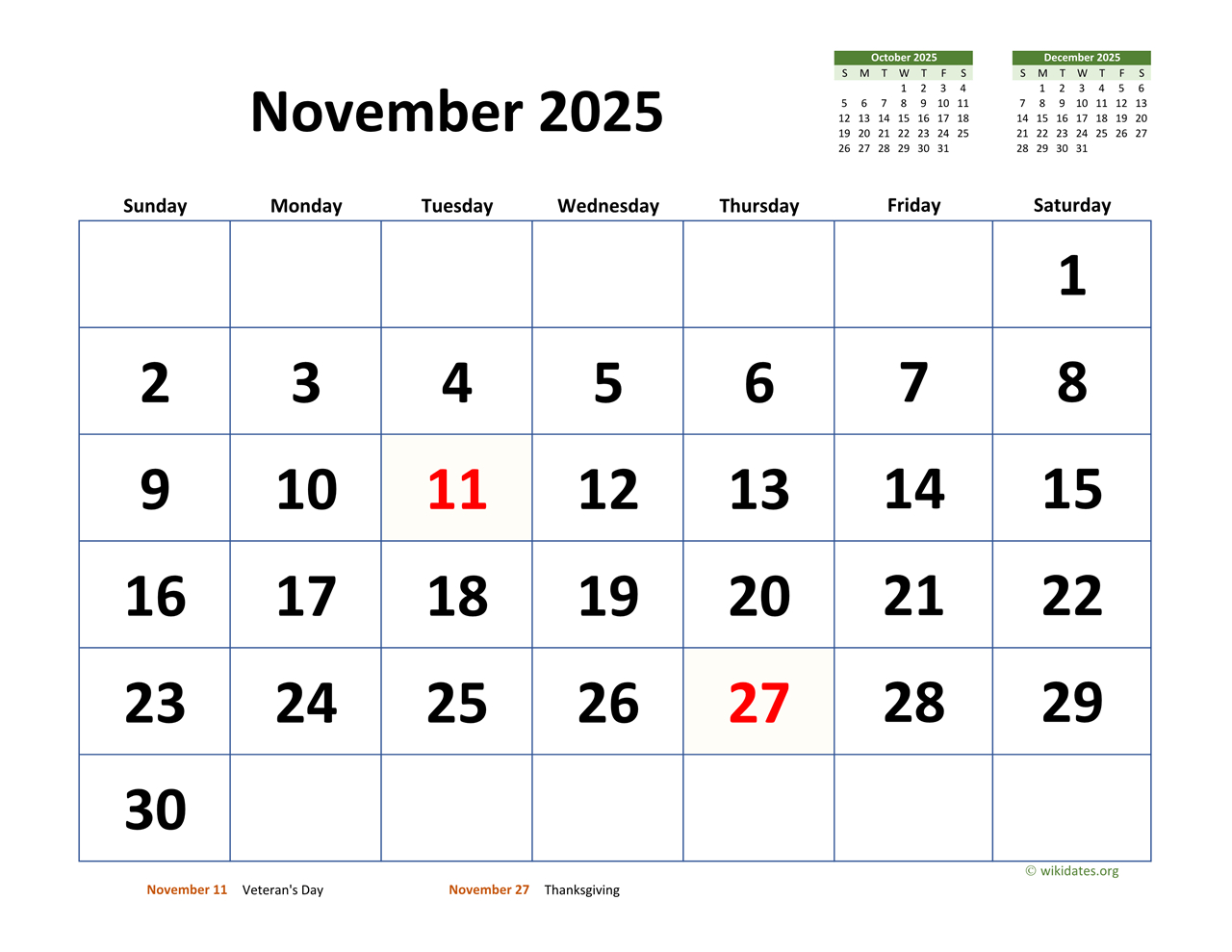 November 2025 Calendar With Extra-Large Dates | Wikidates regarding November 3 Calendar 2025