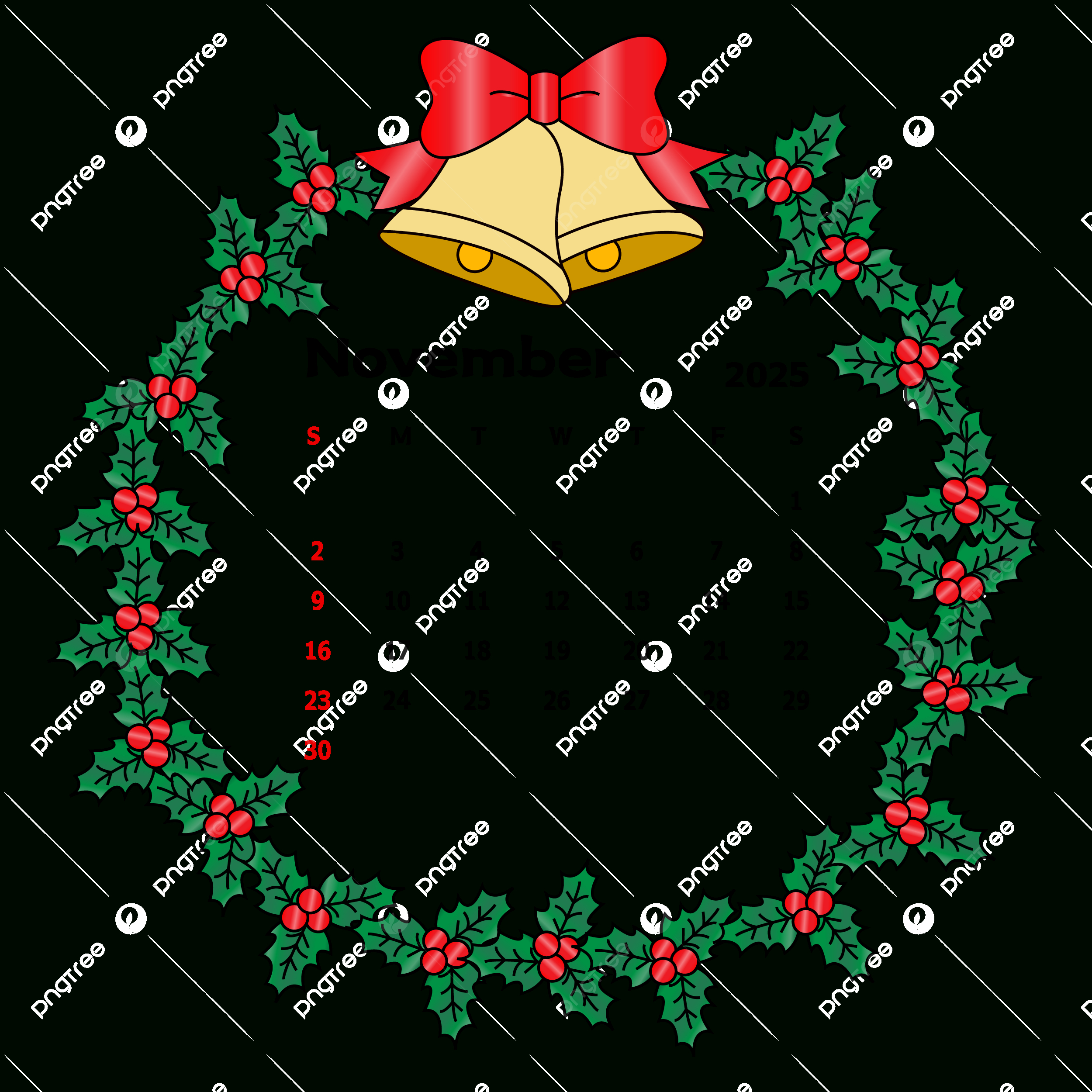 November 2025 Calendar With Leafy Circle Frame And Bells Vector intended for Happiness Calendar November 2025