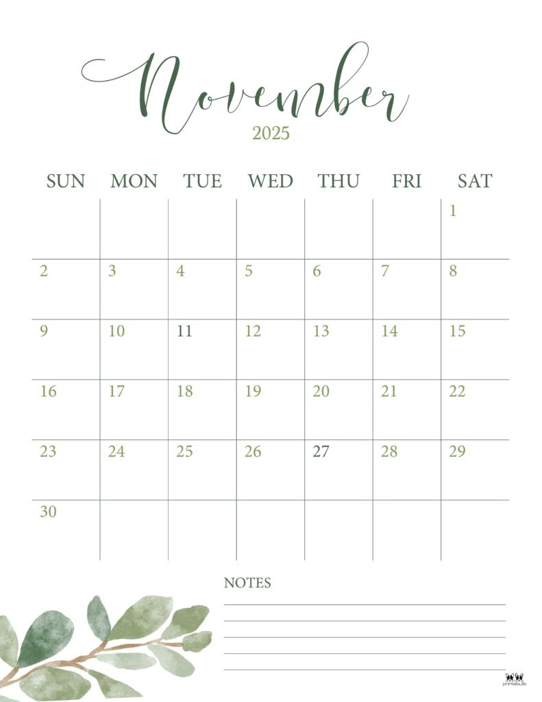 November 2025 Calendars - 107 Free Printables | Printabulls throughout November 2025 Printable Calendar Printabulls