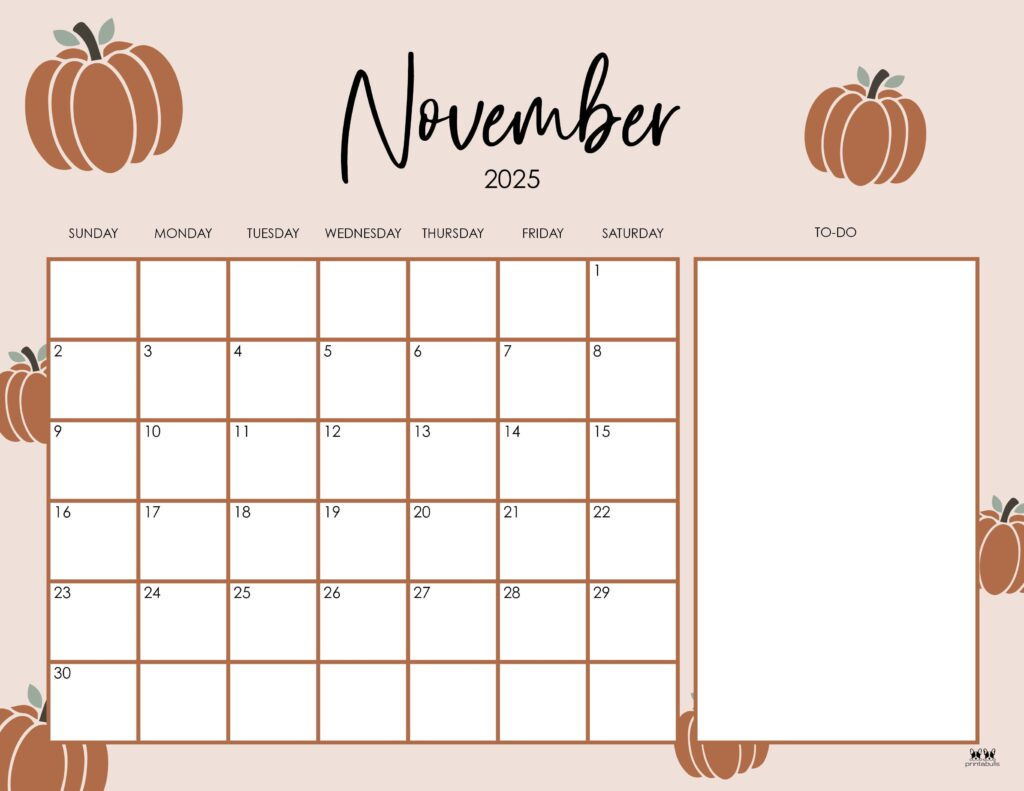 November 2025 Calendars - 107 Free Printables | Printabulls with November 2025 Calendar Thanksgiving Printable
