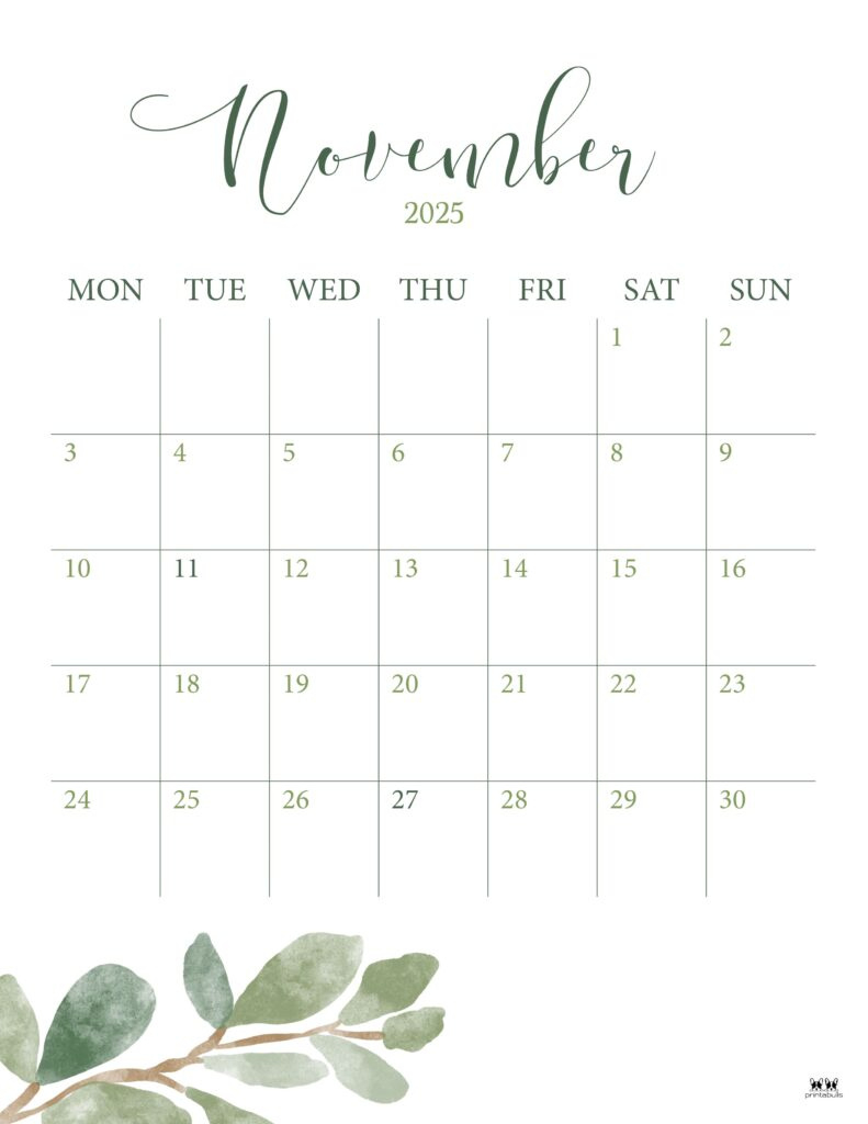 November 2025 Calendars - 107 Free Printables | Printabulls within November 2025 Calendar Portrait