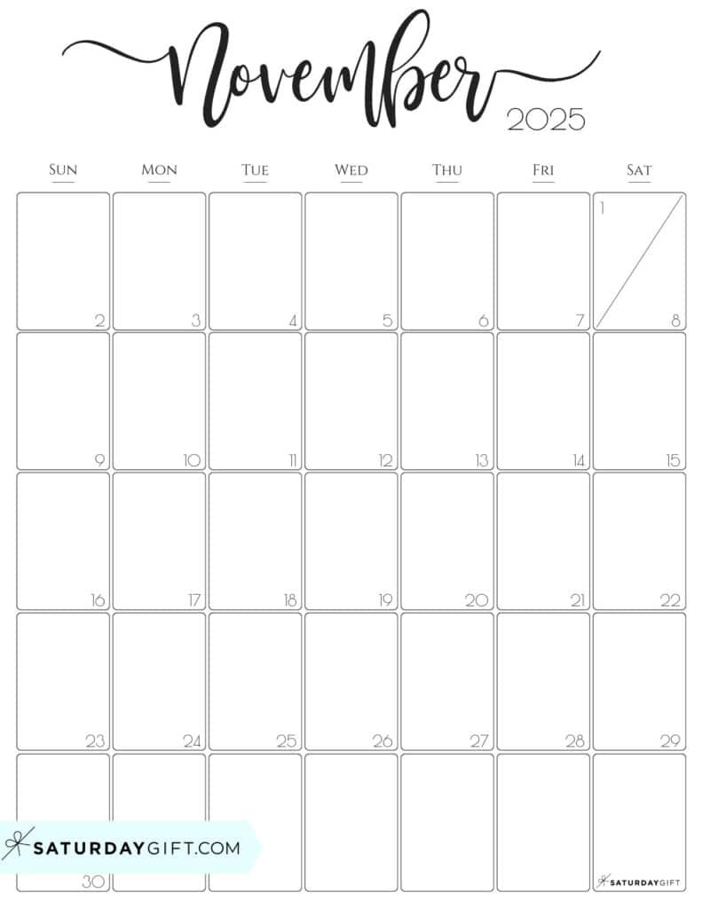 November 2025 Calendars - 23 Cute Free Printable Pdfs | Saturdaygift within November 2025 Calendar Portrait