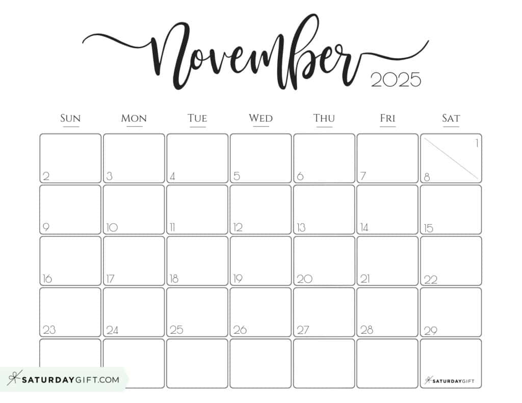 November 2025 Calendars - 23 Cute Free Printable Pdfs | Saturdaygift within November Calendar 2025 Sunday Start