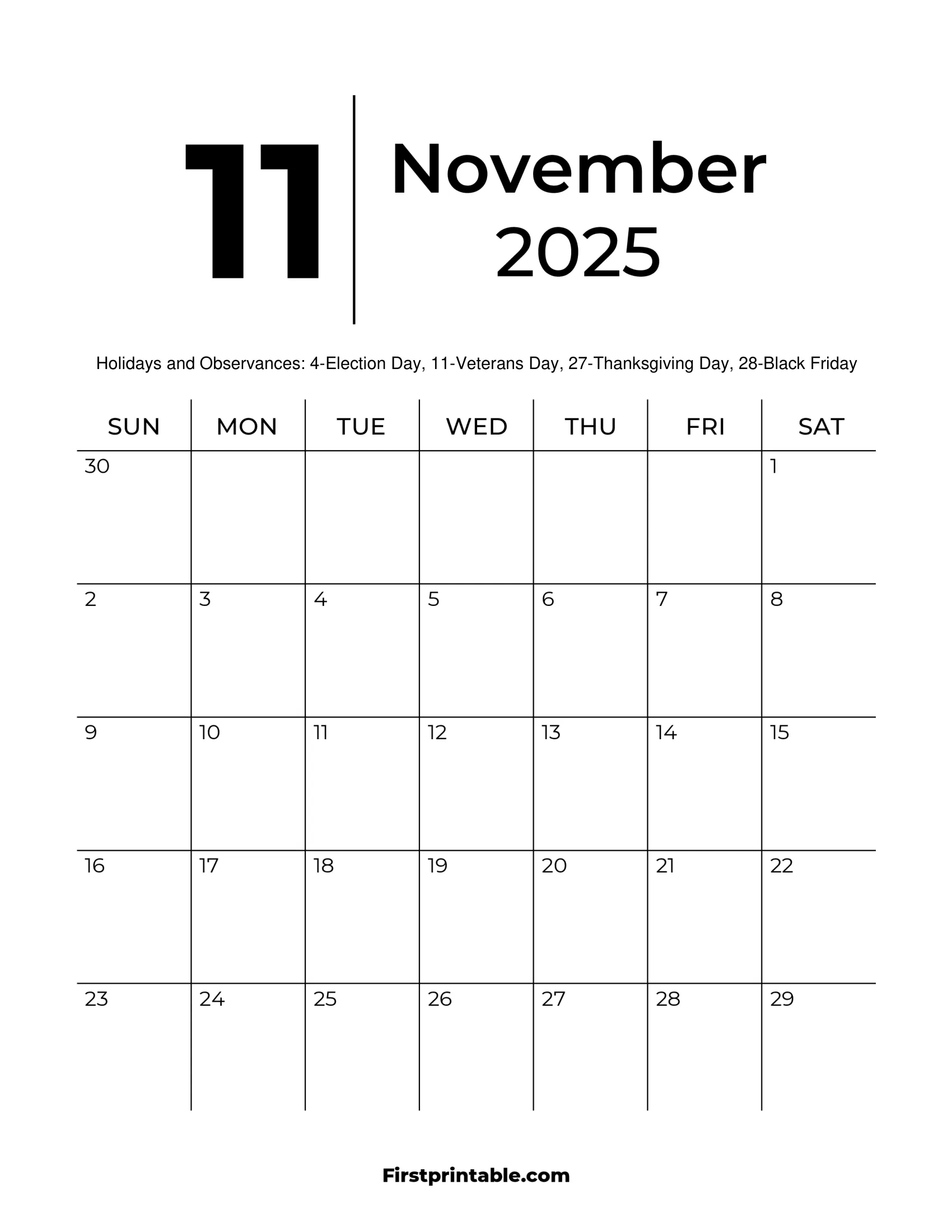 November 2025 Calendars - Free Printable &amp;amp; Fillable with November 2025 Calendar Printable 8X11