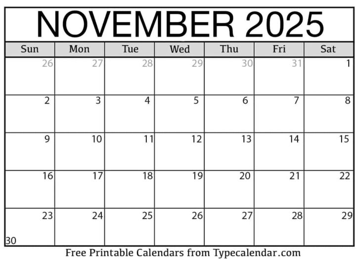 Show Calendar For the Month of November 2025