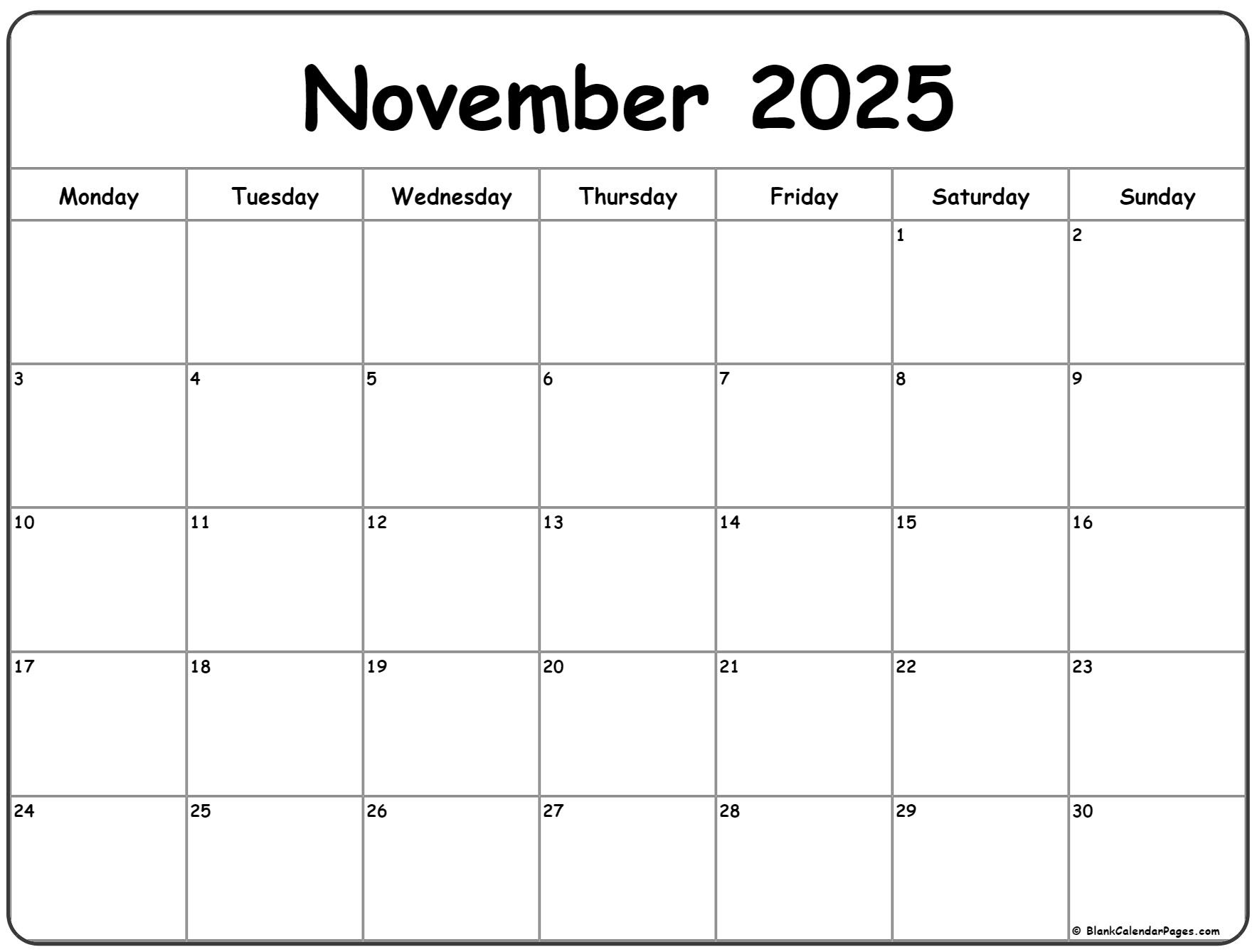 November 2025 Monday Calendar | Monday To Sunday for November Calendar 2025 Starting Monday