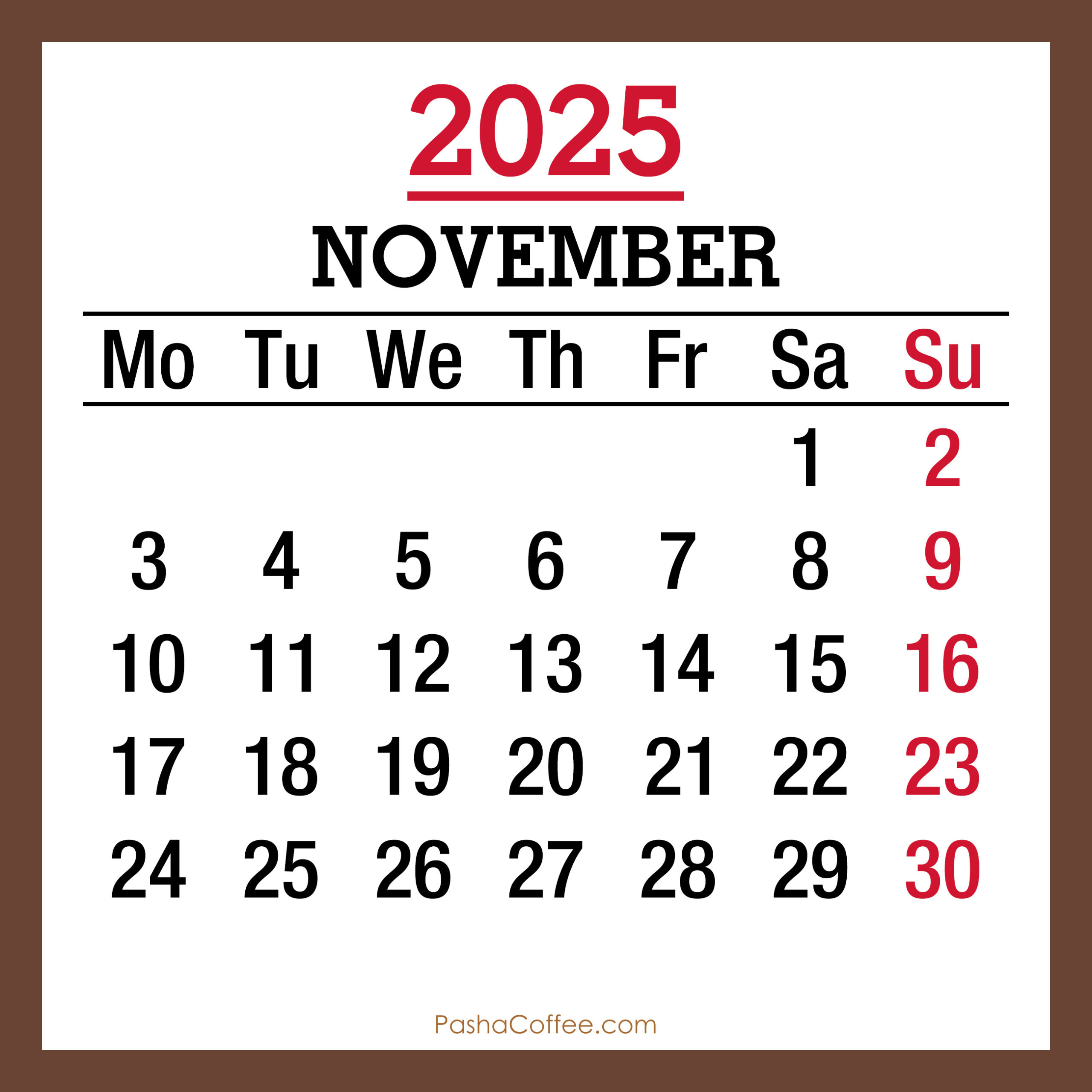 November 2025 Monthly Calendar, Printable Free, Brown, Monday pertaining to November Calendar 2025 Starting Monday