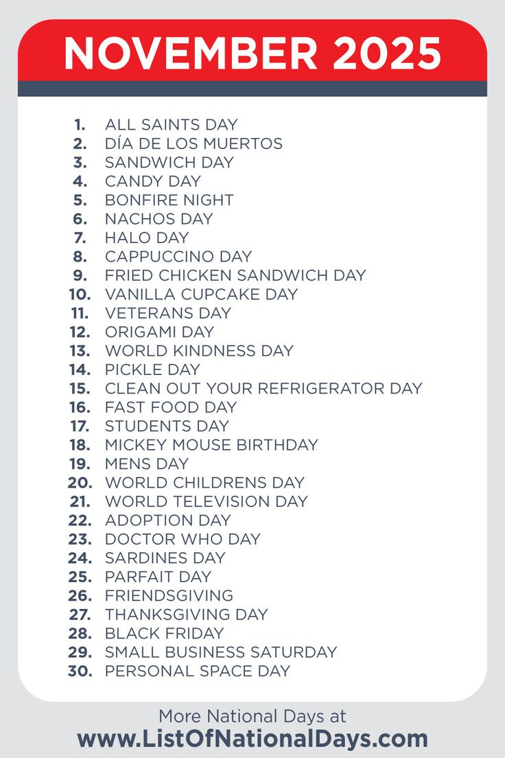 November 2025 National Days pertaining to National Calendar November 2025