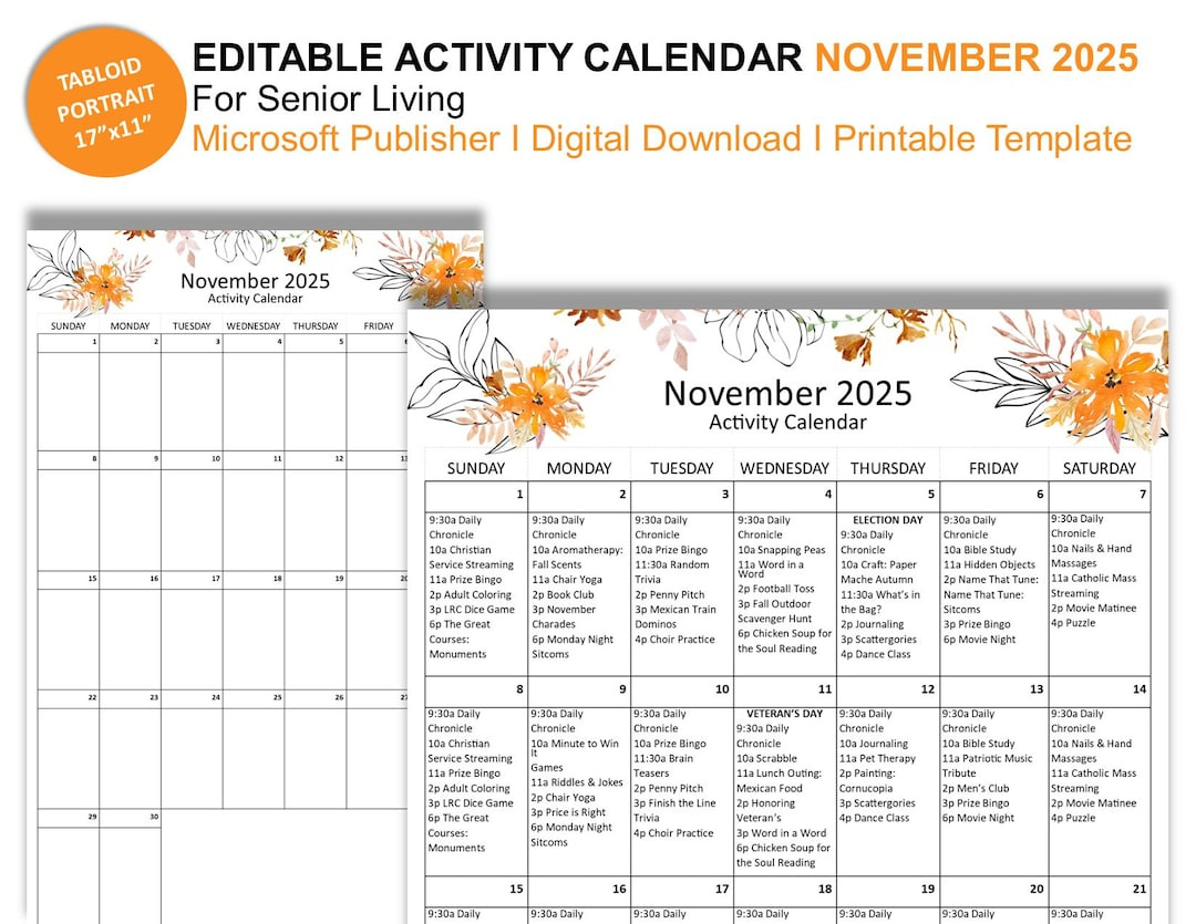 November 2025 Senior Living Activity Calendar (17&amp;quot; X 11 for November 2025 Activity Calendar