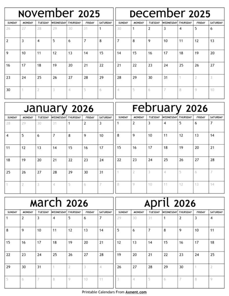 November 2025 to April 2026 Calendar November 2025 to April 2026 Calendar