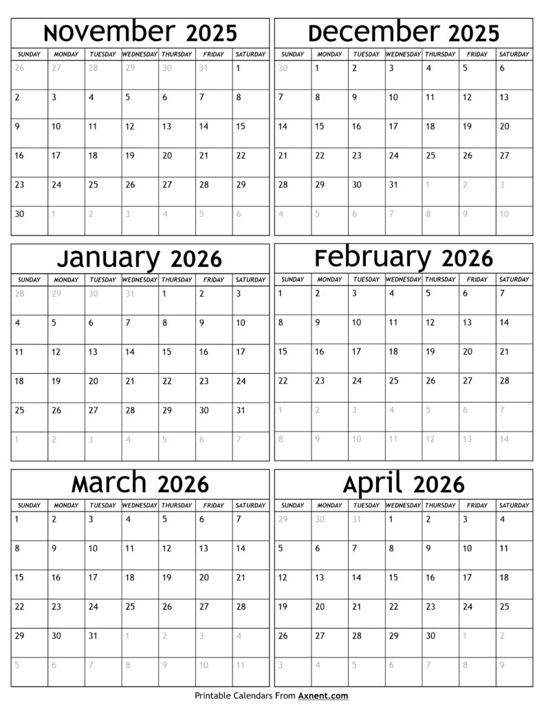 November 2025 To April 2026 Calendar Templates - Six Months inside November 2025 to April 2026 Calendar