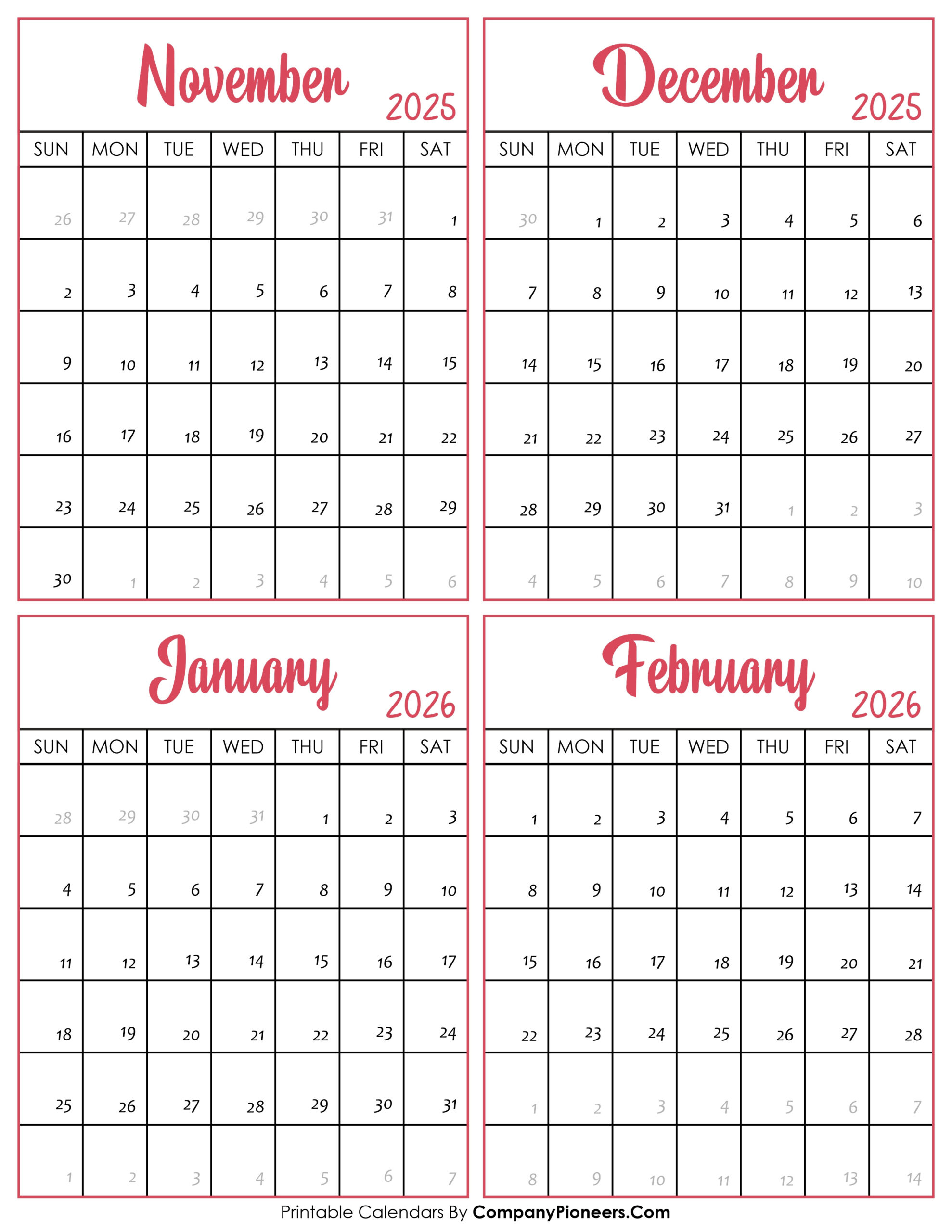 November 2025 To February 2026 Calendar Printable - Template inside Calendar November 2025 to February 2025