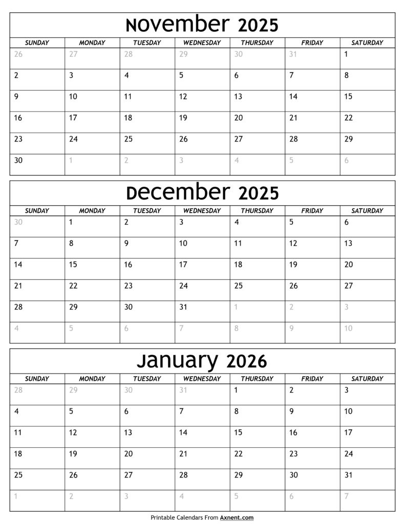 November 2025 To January 2026 Calendar Templates - Three Months with regard to November 2025 Through January 2026 Calendar