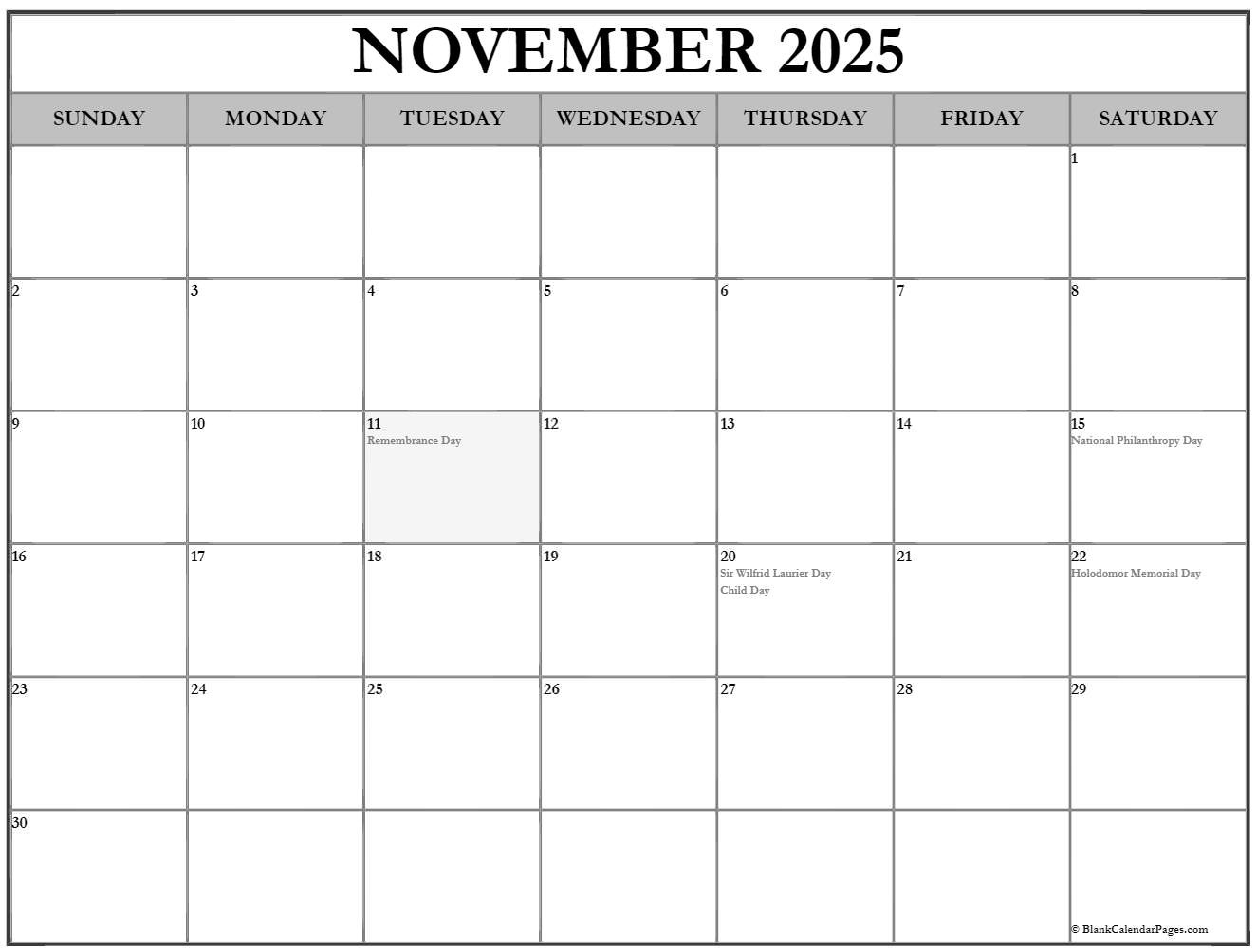 November 2025 With Holidays Calendar in November National Days Canada 2025