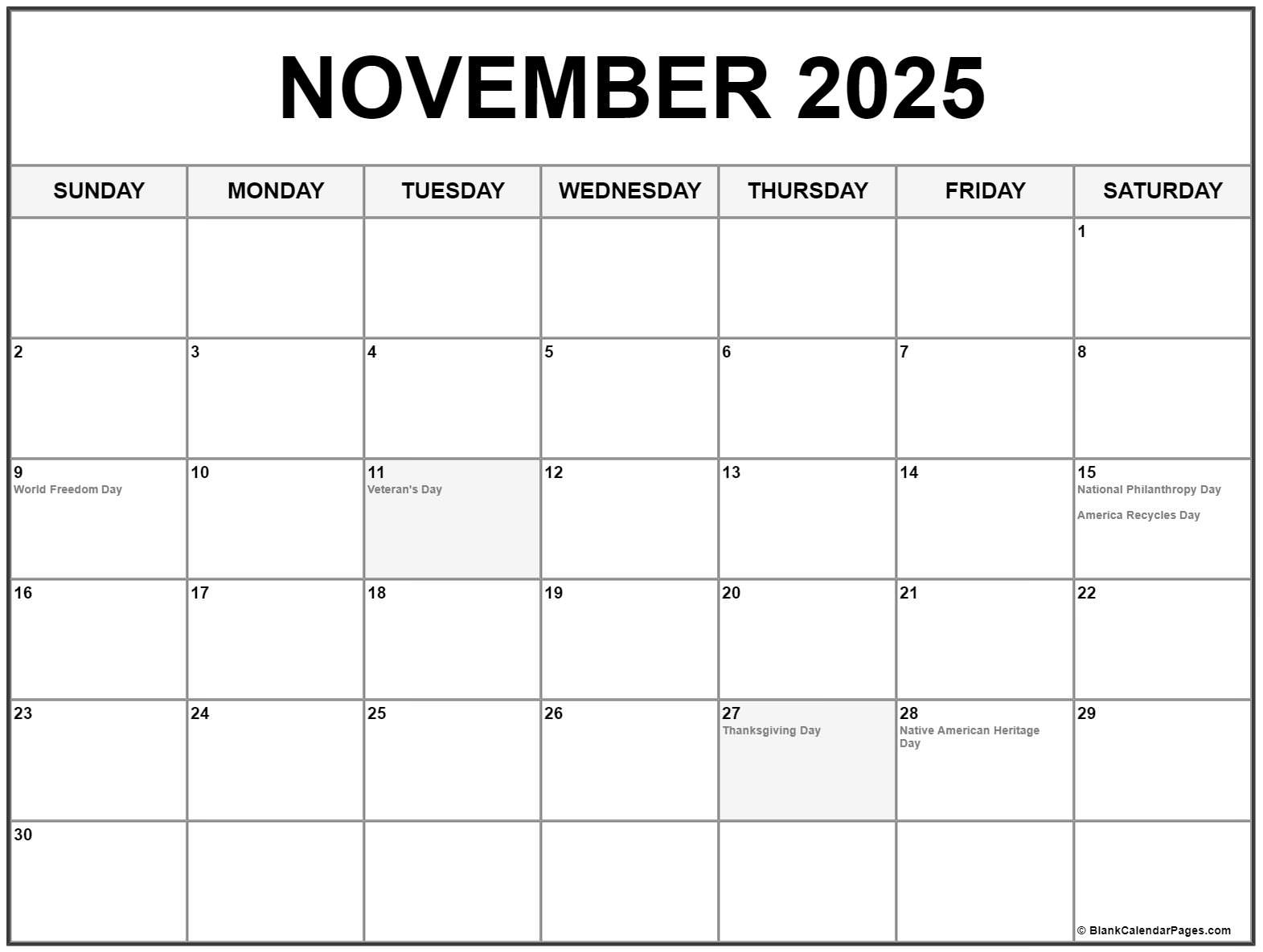 November 2025 With Holidays Calendar inside November 2025 USA Calendar