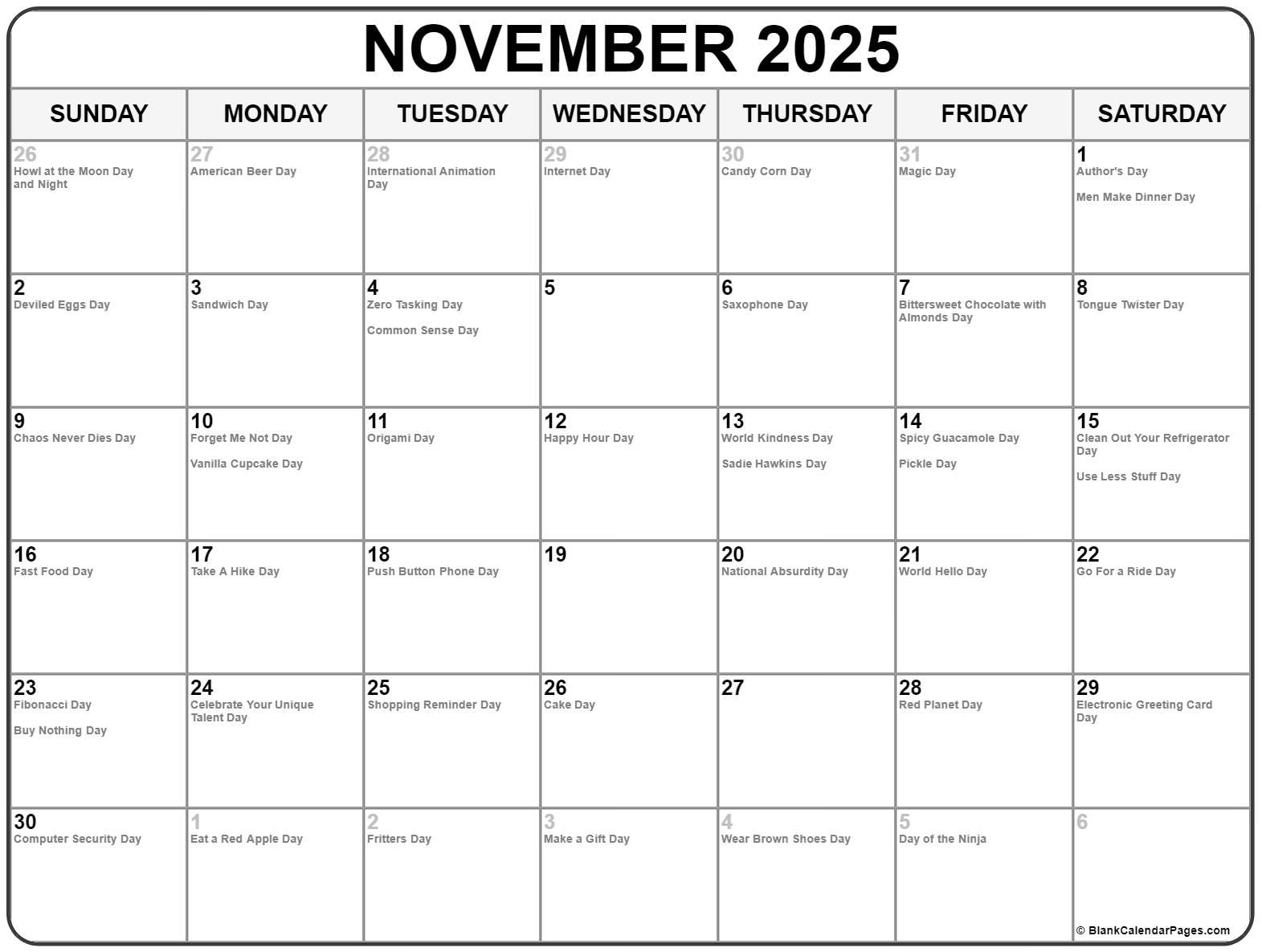 November 2025 With Holidays Calendar with National Calendar November 2025