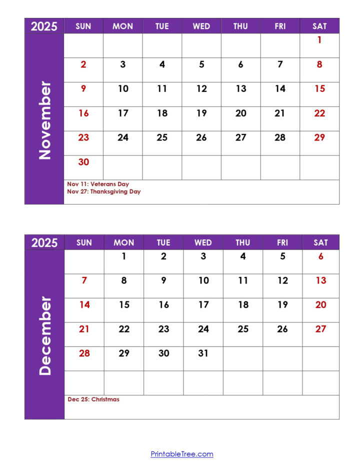 November and December 2025 Printable Calendar