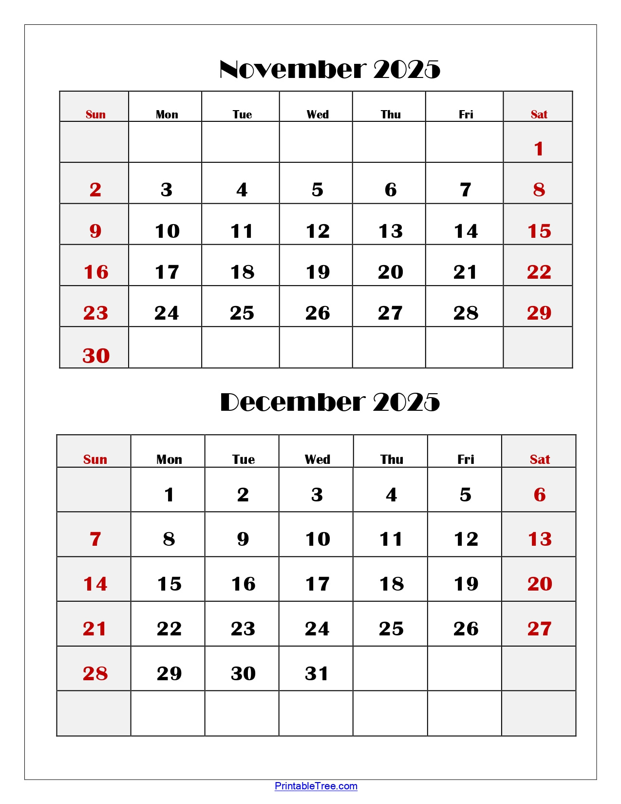 November And December 2025 Calendar Printable Pdf | Two Months within November December 2025 Calendar Printable Free