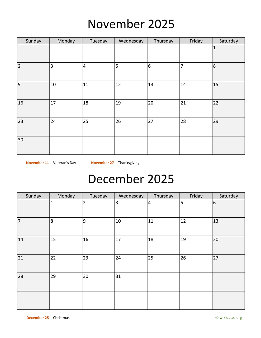 November And December 2025 Calendar | Wikidates for December 2025 November 2025 Calendar