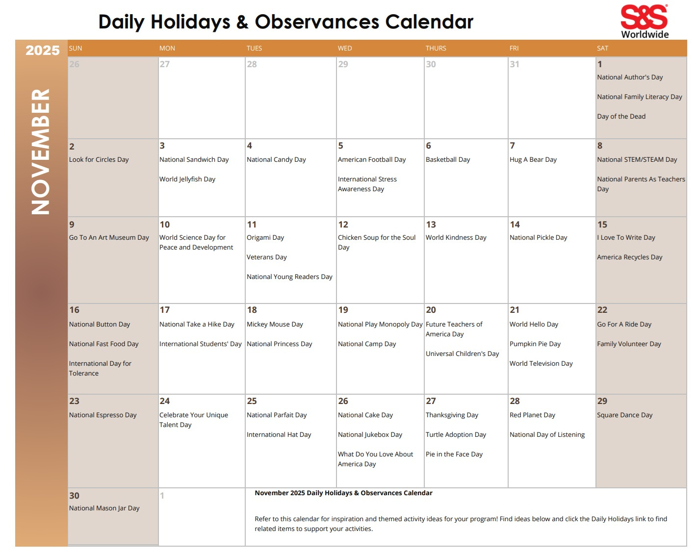 November Daily Holidays &amp;amp; Observances Printable Calendar - S&amp;amp;S Blog regarding November 2025 Calendar Holiday List