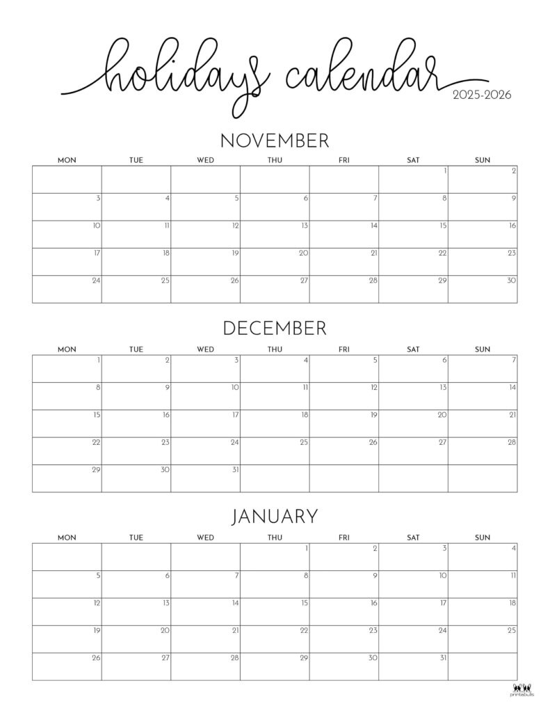 November December 2025 Calendars - 28 Printables | Printabulls intended for November December 2025 January 2026 Calendar