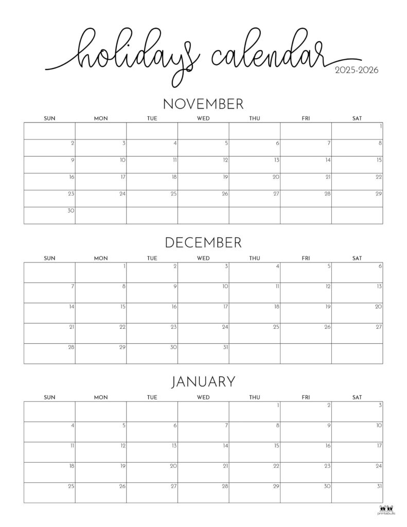 November December 2025 Calendars - 28 Printables | Printabulls throughout Calendar November 2025 December 2025 January 2026