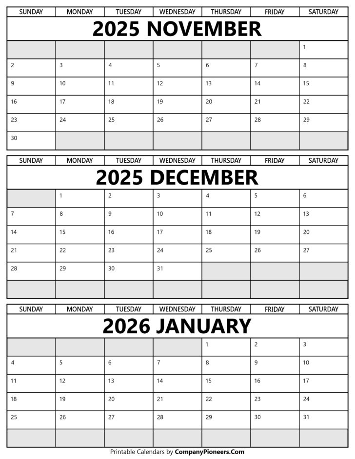 Calendar November 2025 to January 2026 Calendar November 2025 to January 2026