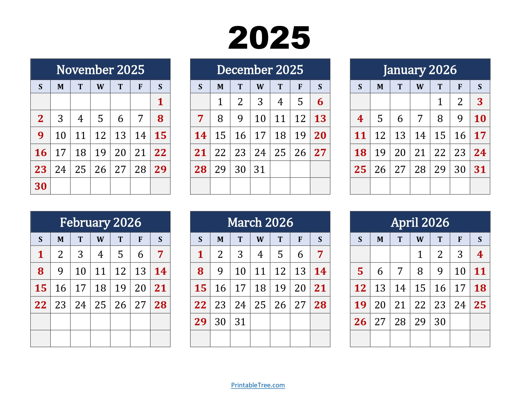 November To April 2026 Calendar Printable Pdf | Six Months Calendar with regard to November 2025 To March 2026 Calendar