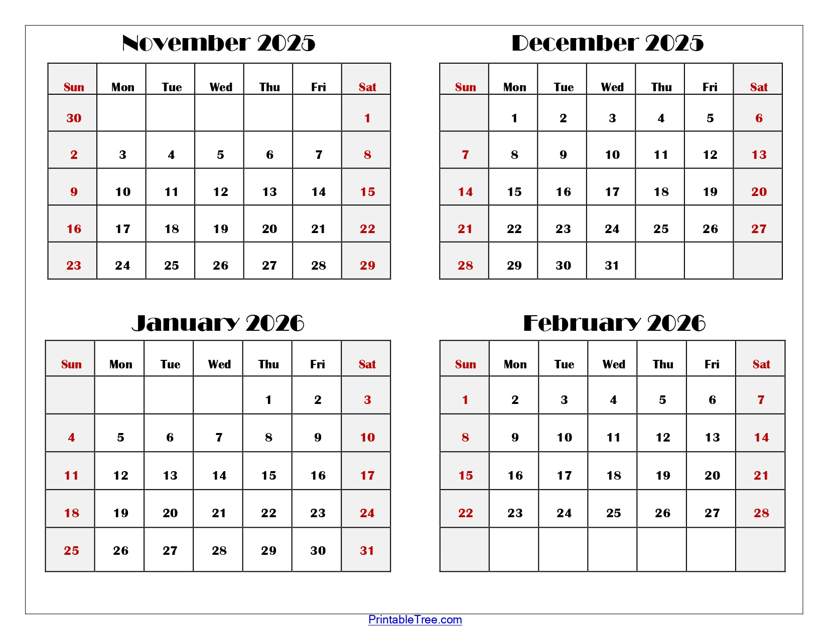 November To February 2026 Calendar Printable Pdf | Four Months within Calendar November 2025 to February 2025