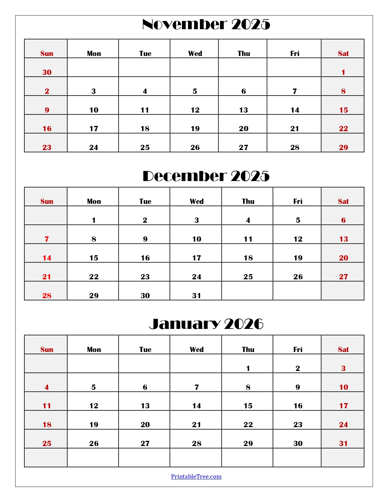 November To January 2026 Calendar Printable Pdf | Three Months inside Calendar November 2025 December 2025 January 2026