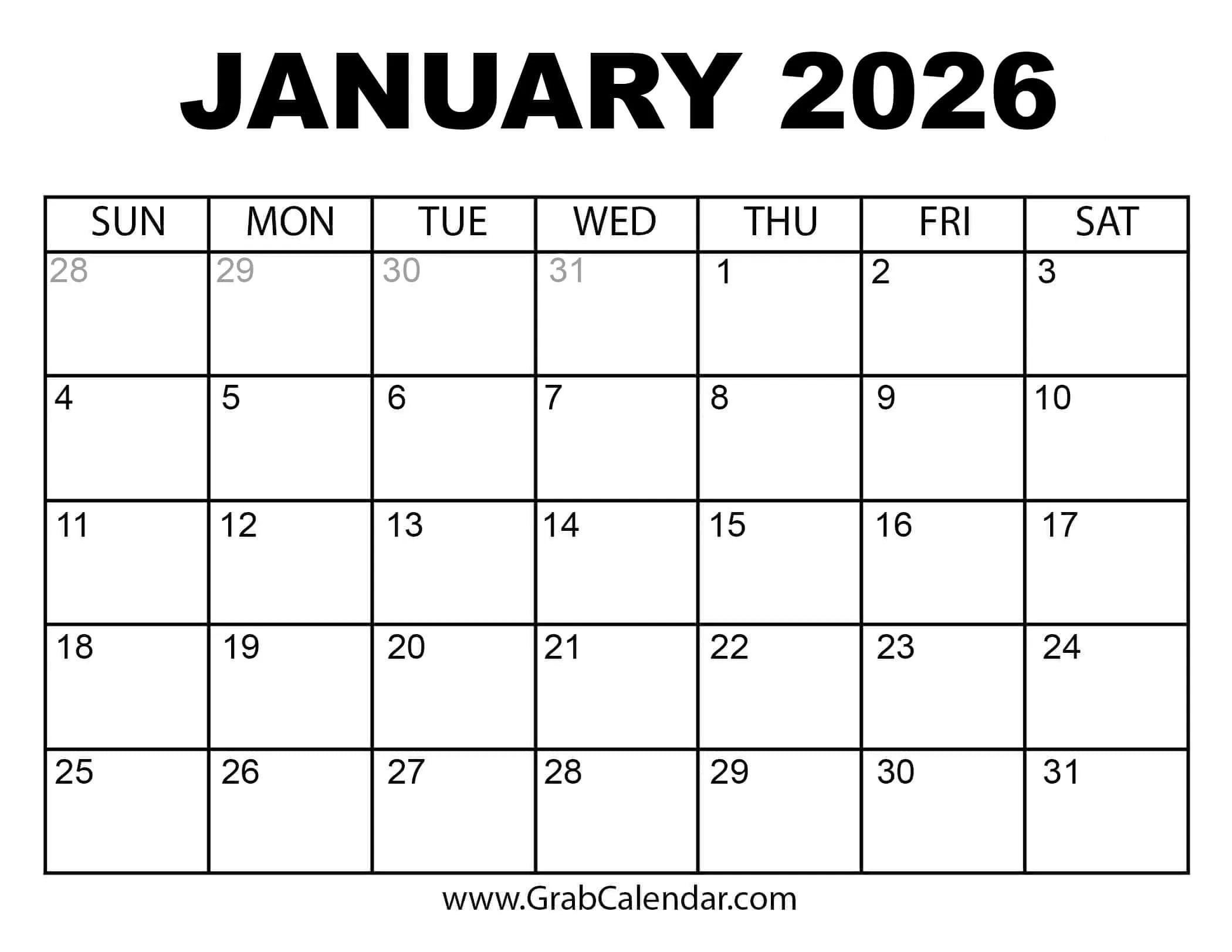 Printable January 2026 Calendar with regard to Printable 3 Month Calendar November December January 2026-2026