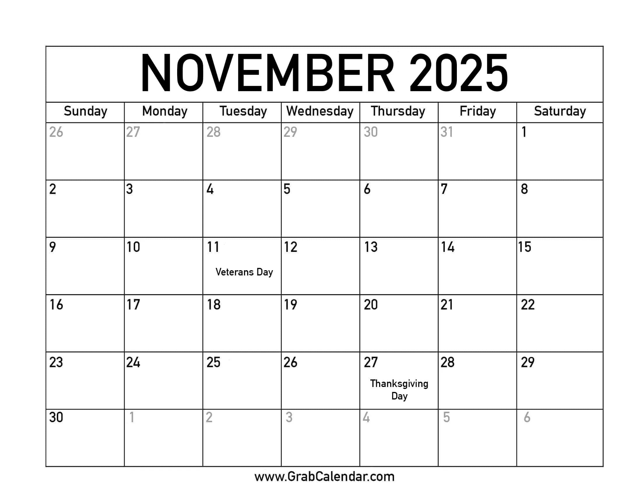 Printable November 2025 Calendar in November 2025 Calendar Days