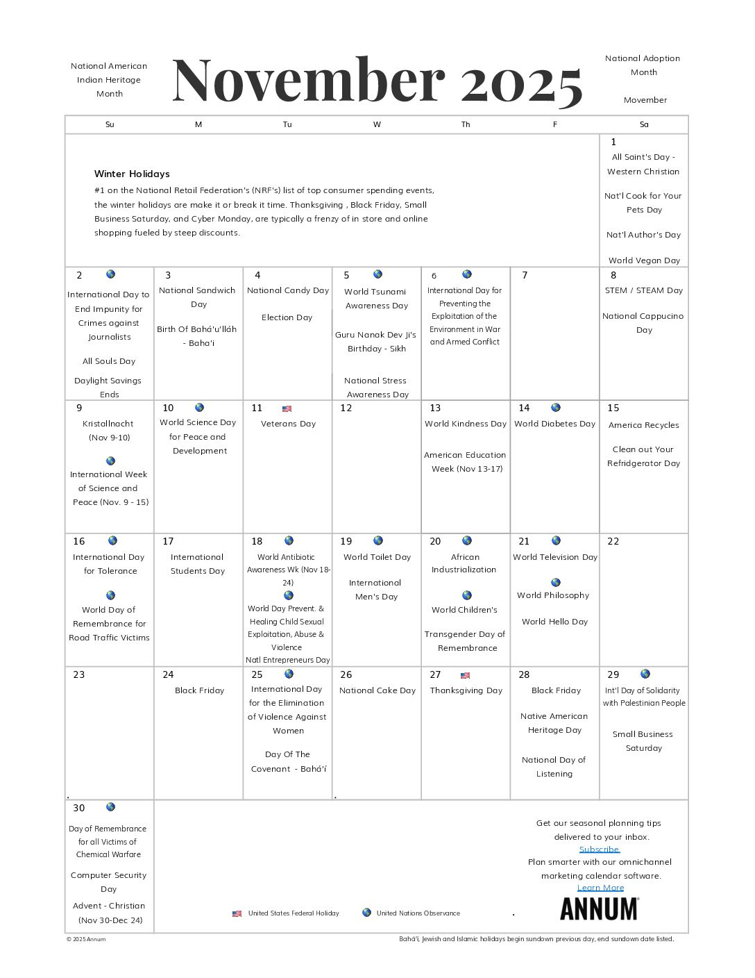 Printable November 2025 Calendar | November Holidays | Annum for National Calendar November 2025
