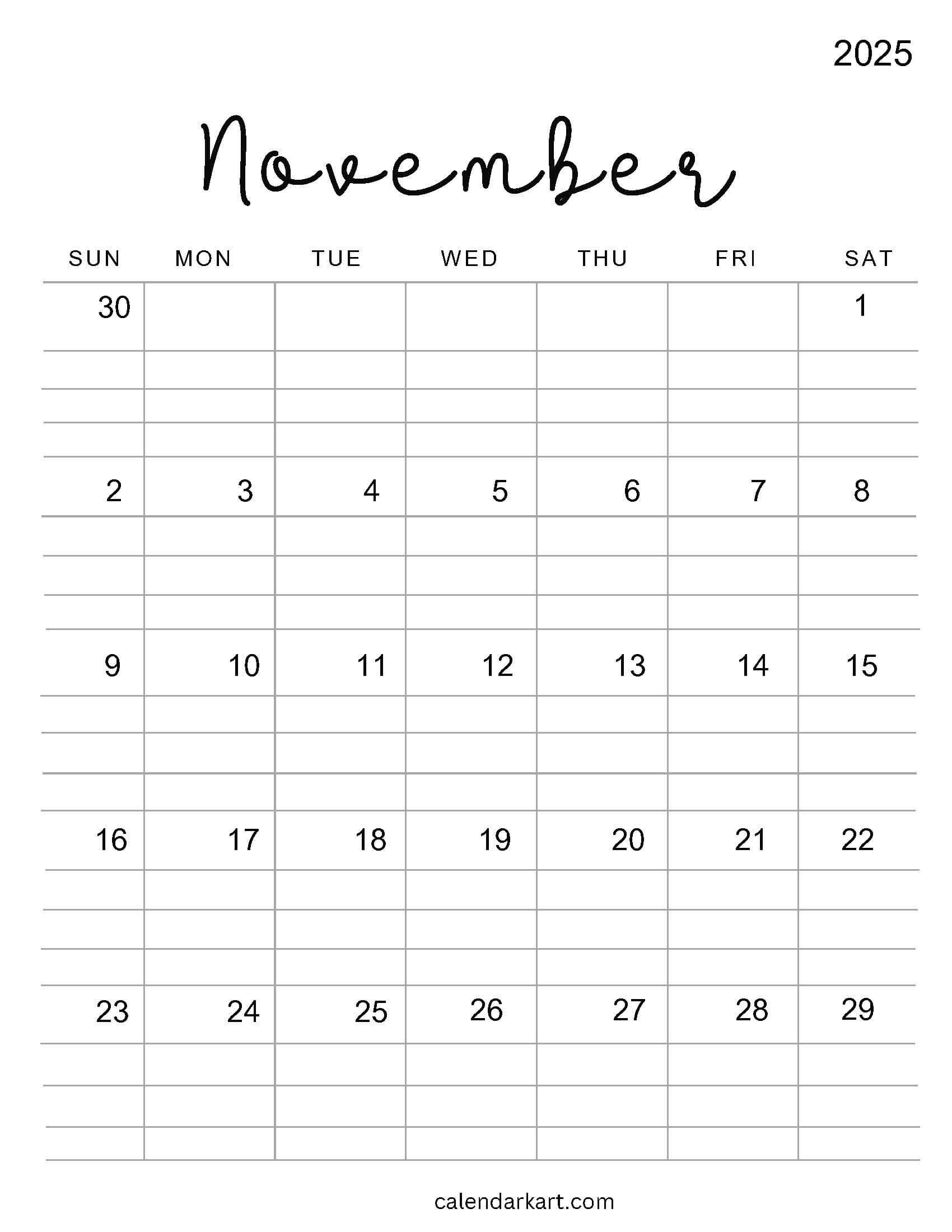 Printable November 2025 Calendars | Free Pdf - Calendarkart in November 5 Calendar 2025