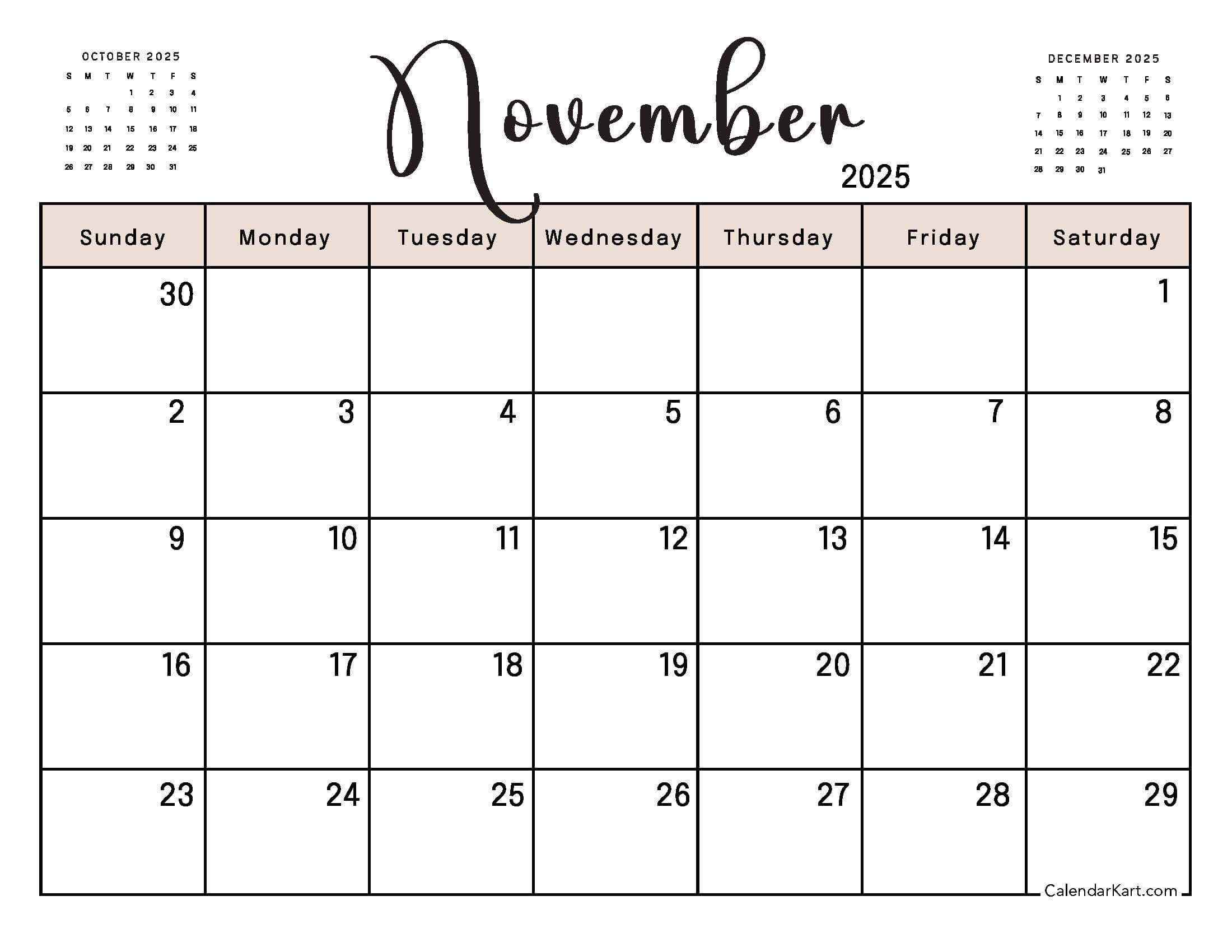 Printable November 2025 Calendars | Free Pdf - Calendarkart inside Calendar 2025 Printable Free November Excel