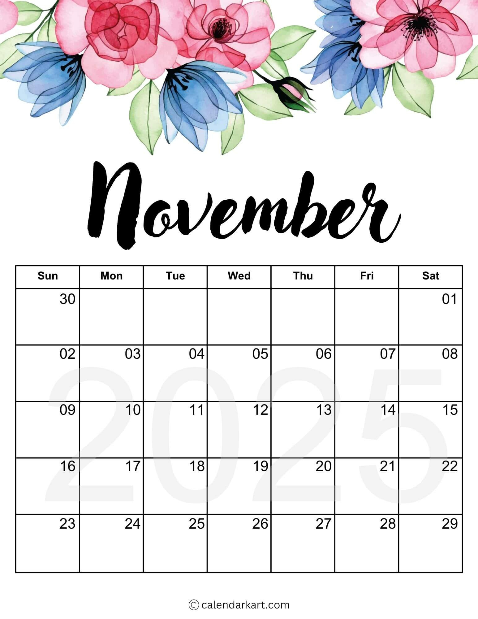 Printable November 2025 Calendars | Free Pdf - Calendarkart intended for November 5Th 2025 Calendar